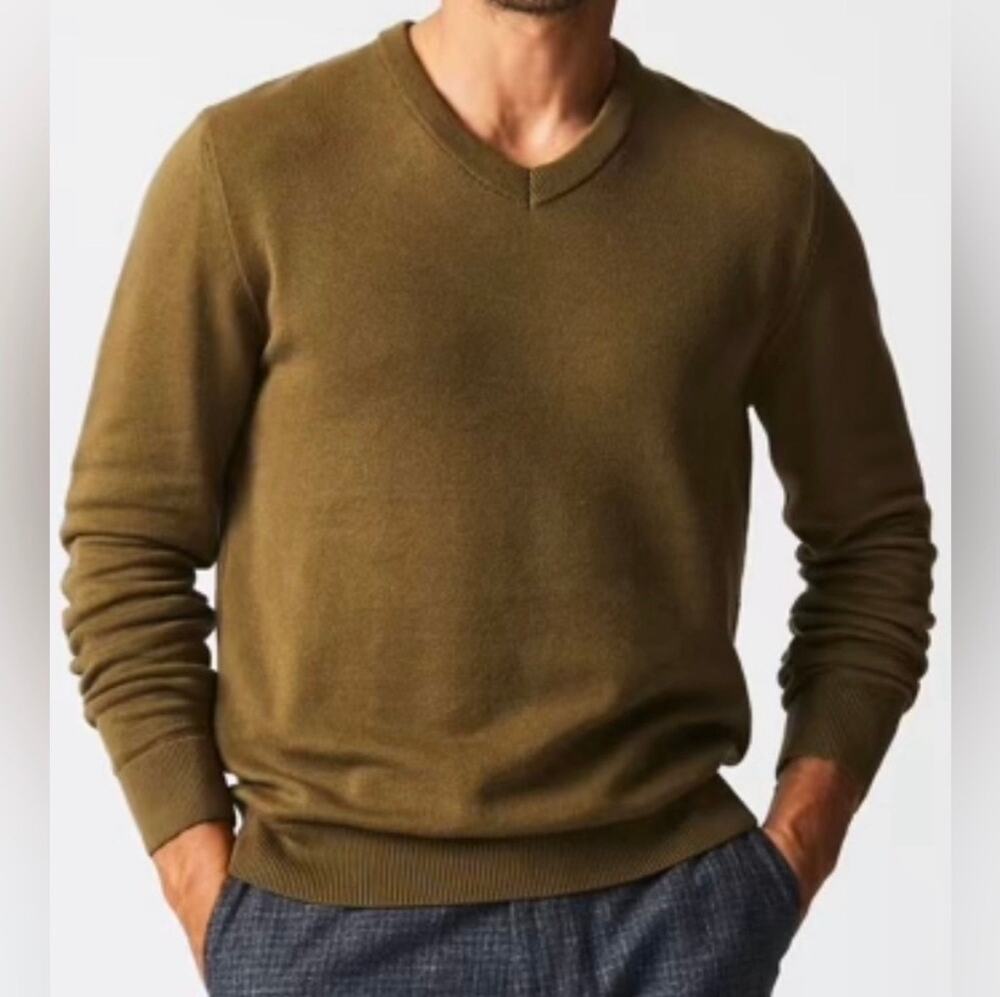 Men’s Billy Reid American V Neck Sweater Olive Green Organic Cotton